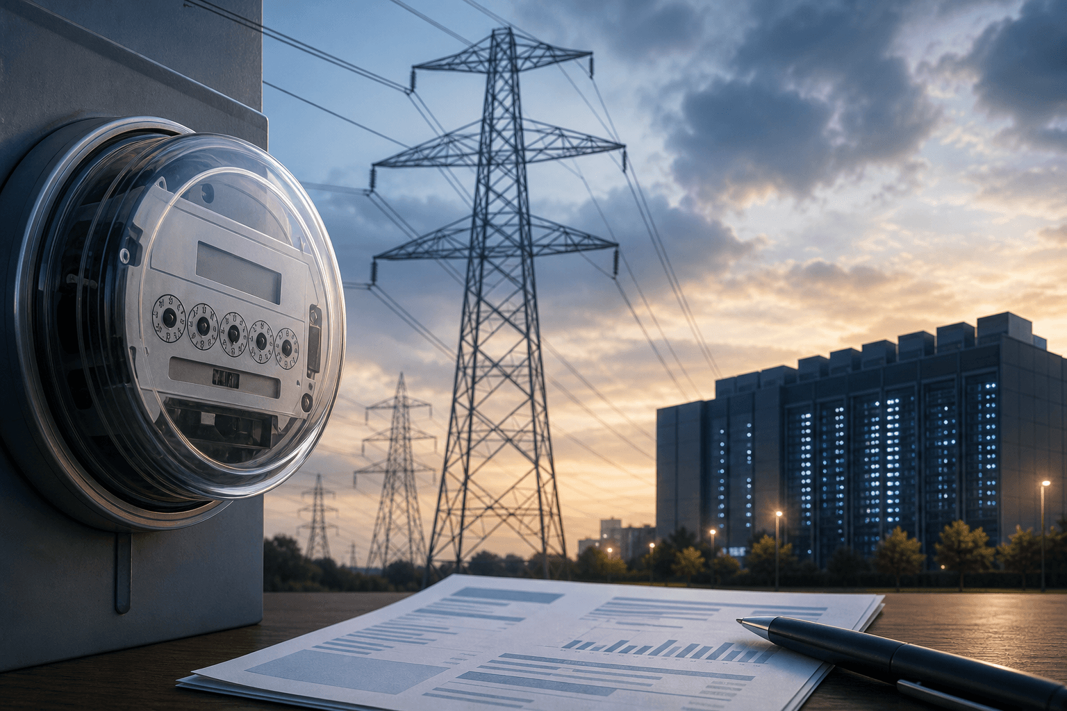 Editorial image: AI is no longer only a chip story. It is becoming a grid, utility, and electricity-bill story.